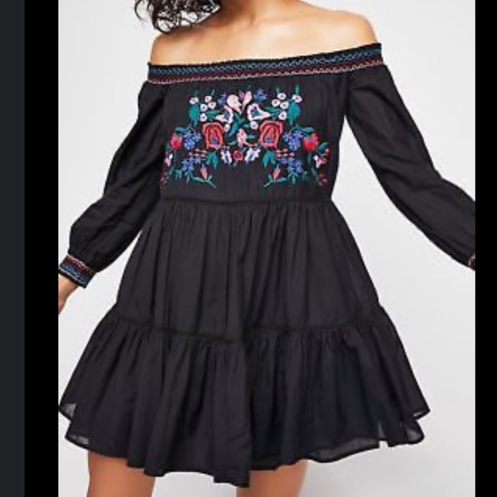 Free People Sunbeams Embroidered Off The Shoulder Boho Mini Dress Size XS - Picture 1 of 14